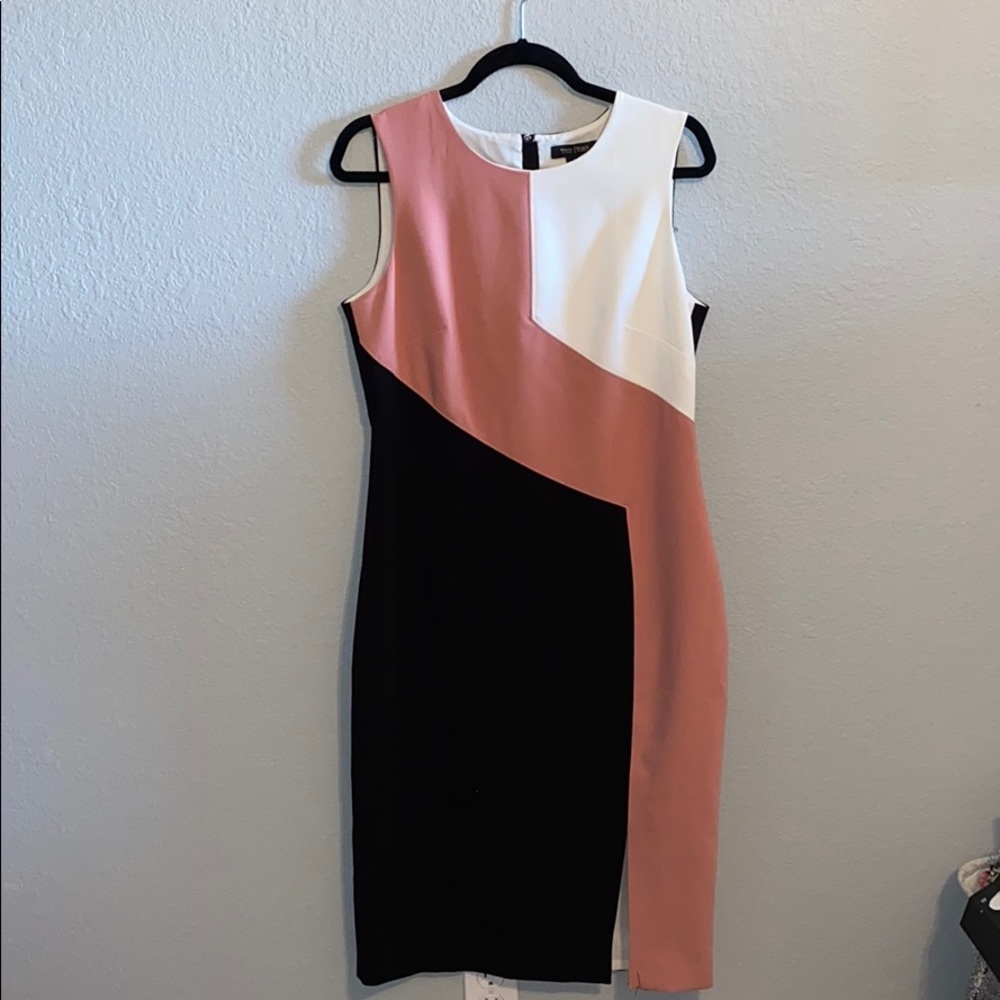 White House Black Market Colorblock Midi Dress in Black, Blush, and White